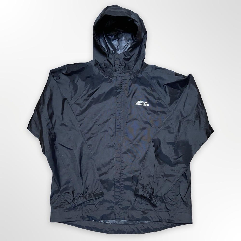 Grundens Rain Jacket Mens Large Black Hooded Fishing Shell Coat Waterproof PU